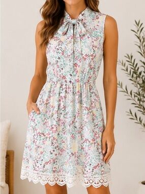 New York & Company Cream Floral Tie-Neck Midi Dress